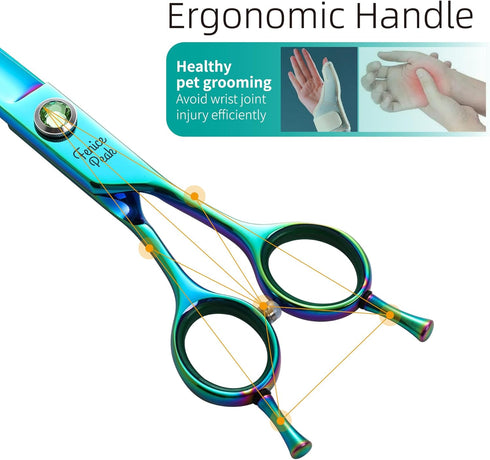 Fenice Peak 7.5'' Green Curved Dog Grooming Scissors - Ergonomic Offset Handle, 440C Durable and Sharp Trimming Shears