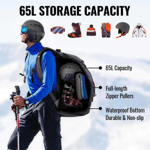 Ski Boot Bag Backpack - 65L Waterproof Skiing Snowboarding Travel Luggage, Stores Boots, Skis, Snowboard & Accessories