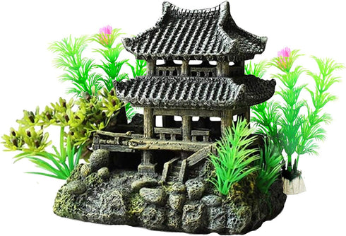 Classical Temple Aquarium Decorations, Asian Castle Thematic Safe Resin Ornaments with Plastic Plants for Fish Tank