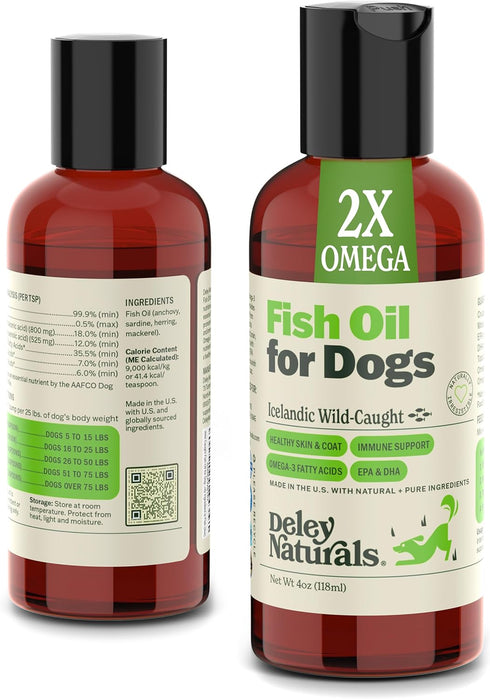 Deley Naturals Dog Fish Oil Icelandic 2X Omega for Itching Skin Relief, 4oz Omega Oil for Dogs