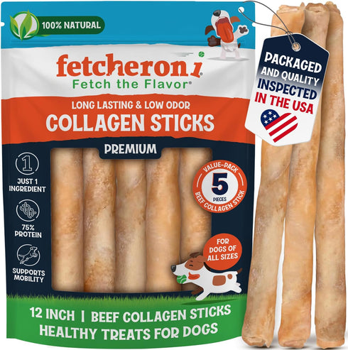 12" Collagen Sticks for Dogs Low Odor Long-Lasting Bully Stick & Rawhide
