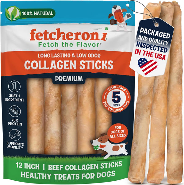 12" Collagen Sticks for Dogs Low Odor Long-Lasting Bully Stick & Rawhide