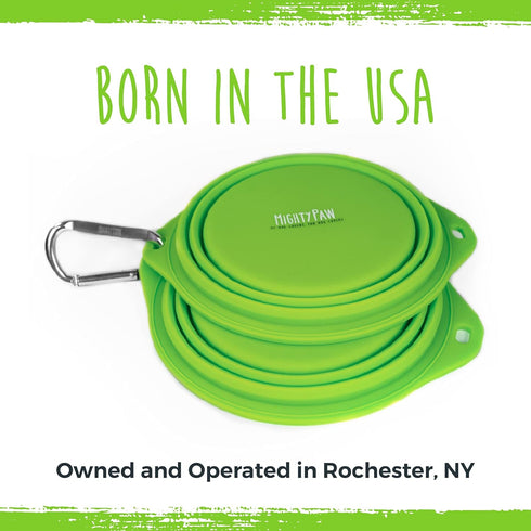 Mighty Paw Travel Dog Bowl Set, Silicone Food & Water Bowls, Bonus Carabiner Clip, Lightweight, Leak-Proof, Green