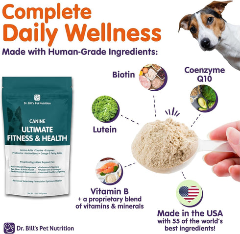 Dr. Bill’s Canine Ultimate Fitness & Health Vitamins for Dogs - 340g Multivitamin with Coenzyme Q-10, Vitamin E,