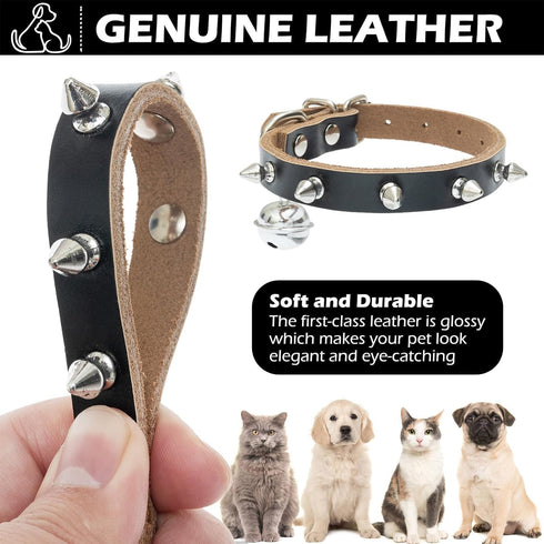 BINGPET Spiked Dog Collar for Small Dogs, Genuine Leather Puppy Cat Collar with Bells, Soft Studded for Pets (Black, S)