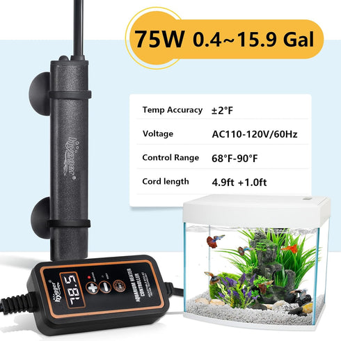 hygger Mini Submersible Aquarium Heater, 75W Digital Display for Turtle and Betta Tank