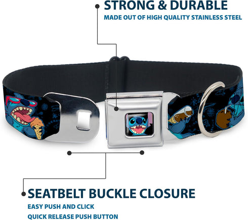 Buckle-Down Seatbelt Buckle Dog Collar, Stitch Snacking Poses, Black/Blue, 1" Wide, Fits 15-26" Neck