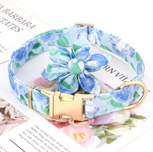 Beirui Cute Girl Dog Collars - Floral Dog Collar with Spring Flower Patterns, Soft Blue Pet Collars for Small Medium