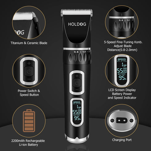HOLDOG 3-Speed Dog Clippers Professional Heavy Duty Dog Grooming Clipper Low Noise High Power Rechargeable Cordless Pet