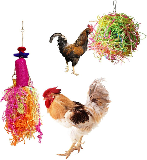 Vehomy Chicken Toys for Hen - 2pcs Natural Colorful Loofah Shredder Toys, Handmade Bird Chewing Foraging Hanging Toys