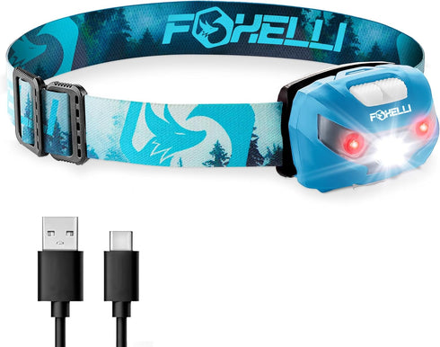 Foxelli USB-C Rechargeable LED Headlamp - Super Bright Lightweight Head Lamp for Running, Camping, Hiking