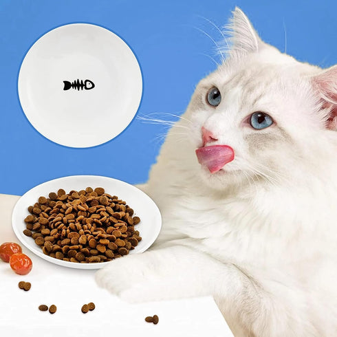 2 Pcs Cat Bowls, Wide & Shallow Ceramic Dishes for Whiskey Fatigue Relief, 15cm/6’’ Cute Fish Bone Design