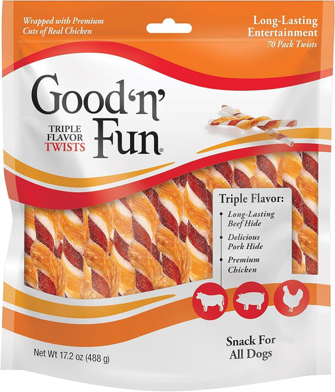 Good'n'Fun Triple Flavor Twists, Dog Chew Sticks, 70 Count of Premium Chicken and Beef Hide Treats