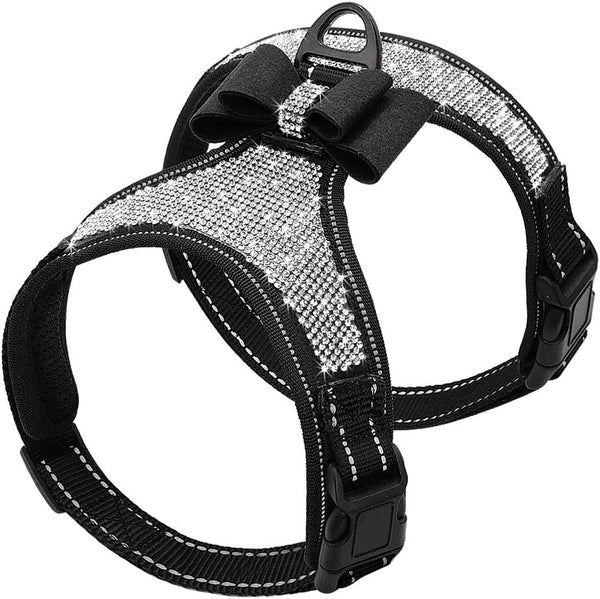 Beirui Rhinestone Dog Harness - Reflective Bling Nylon Vest with Sparkly Bow Tie for Small Medium Large Dogs, Black,