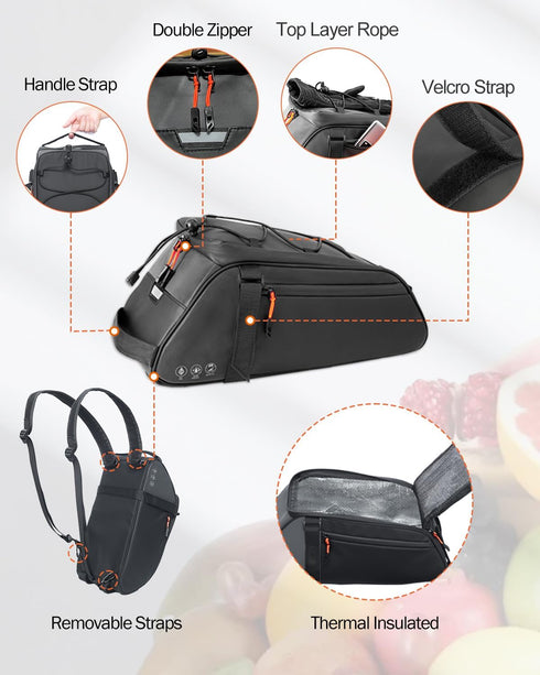 10L Backpack Insulated Rear Bike Rack Bag with Rain Cover, Waterproof Shoulder Saddle bag for Bicycles, Reflective