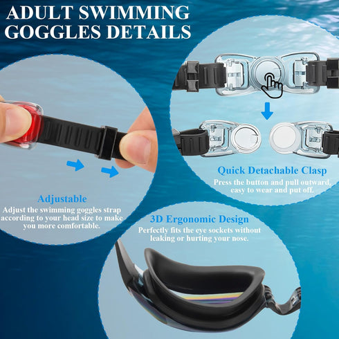 Swim Goggles for Adults, No Leaking Anti Fog UV Protection with Nose Clip and Earplugs for Pool