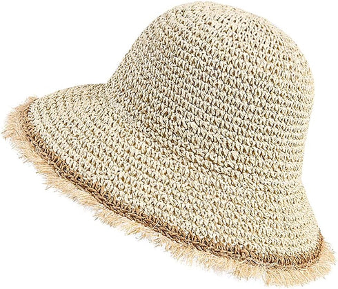 Women's Floppy Cloche Straw Hat, Wide Brim Straw Bucket Hat for Sun Protection UPF 50+
