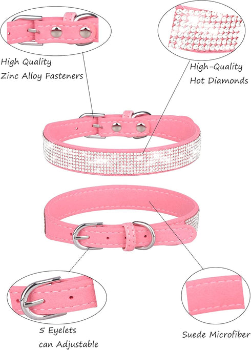Adjustable Leather Suede Bling Dog Collar for Large Dogs, Pink Rhinestone Dog Collar Cat Collar (L, Pink)