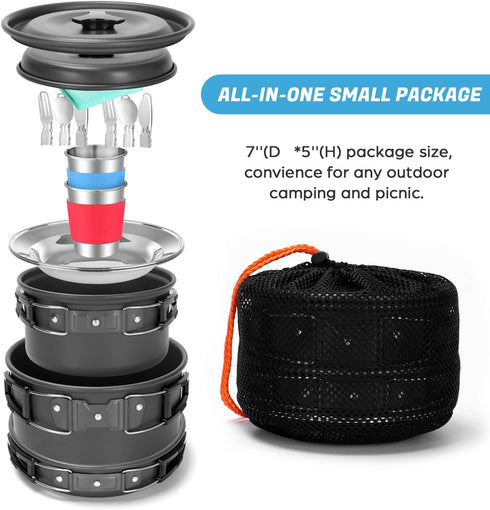 Odoland 15pcs Non-Stick Camping Cookware Mess Kit, Lightweight Pots Pan Set with Stainless Steel Cups Plates Forks