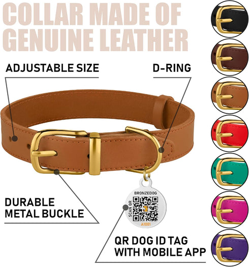 BRONZEDOG Leather Dog Collar with QR ID Tag, Basic Pet Collar for Small Mini Dogs, Light Brown & Gold Buckle