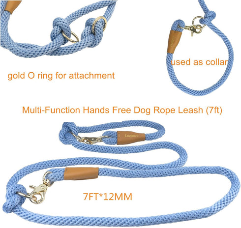 7FT Multifunctional Rope Dog Leash, Hands Free Adjustable Long Leash for 2 Dogs (7ft*12mm, Airy Blue)