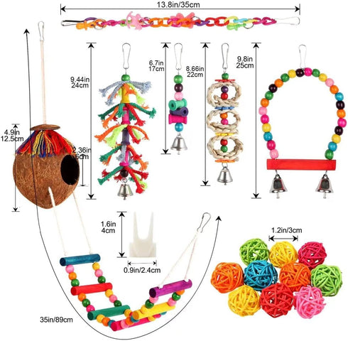 Bird Toys 17 Pcs Hanging Chewing Toys, Climbing Ladder Coconut Bird Cage Toys for Cockatiels, Conures, Finches, Budgies