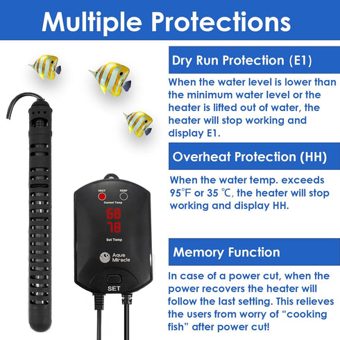 AquaMiracle 500W Aquarium Heater with Dry-Run Protection and LED Digital Display for Tanks 75-120 Gallons