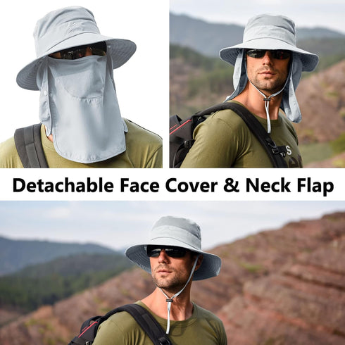 UPF 50+ Sun Fishing Hat for Men Women Wide Brim Hat with Detachable Face Cover & Neck Flap