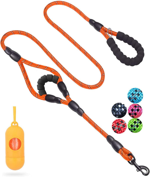 Dog Leash, 5 FT Heavy Duty Double Handle Leash with Comfortable Padded and Reflective Rope for All Dog Sizes