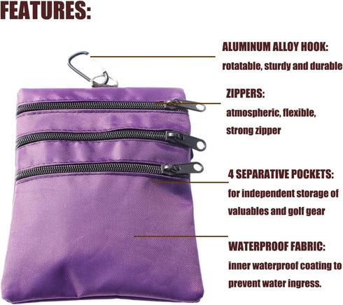 Golf Valuables Pouch - Zipper Golf Ball Bag with 4 Pockets for Storing Balls, Tees, Mobile Phone, Keys, and Cash
