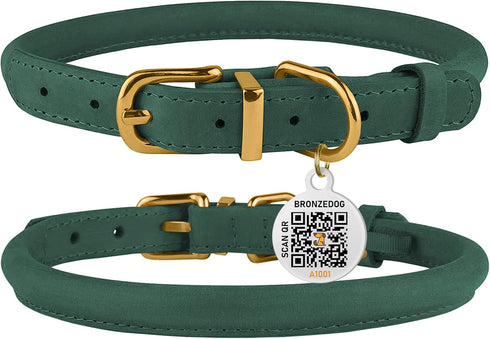 BRONZEDOG Rolled Leather Dog Collar with QR ID Tag, Adjustable Soft Round Collars for Small Medium Large Dogs (16" -