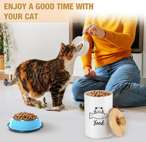 Reallnaive Set 3 Counter(White) Metal Airtight Cat Treat Container of with Bamboo Lids and Spoon Cat Food Storage