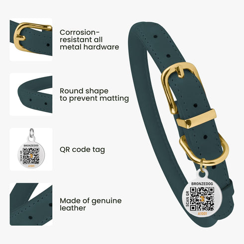 BRONZEDOG Rolled Leather Dog Collar with QR ID Tag - Adjustable Soft Round Collars for Small Medium Large Dogs (11" -