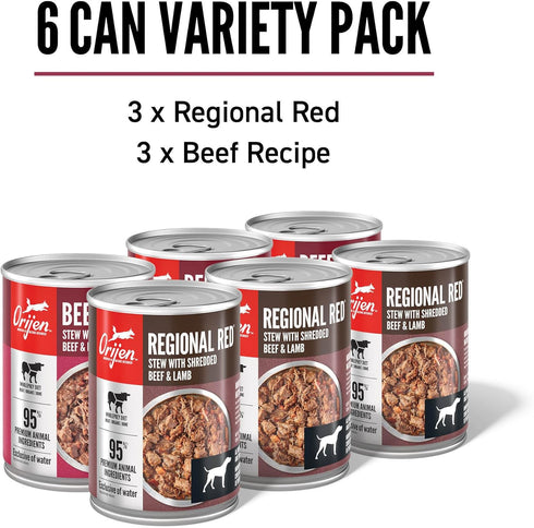 Pack: 12.8oz (6 Count, 3 ORIJEN Real Meat Shreds Wet Dog Food Variety Regional Red + Beef Recipes Cans of Each)