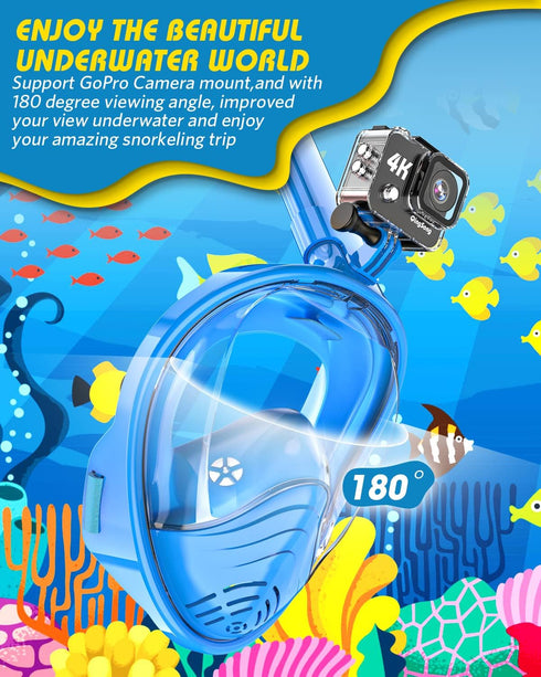 QingSong Kids Snorkel Mask Full Face, Snorkeling Set with Camera Mount, 180 Degree Panoramic View