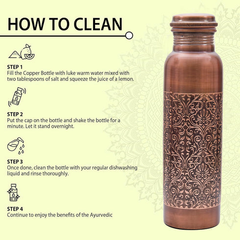VJR Copper Bottle 33 Oz for Drinking Water Ayurvedic Leak Proof Floral Engraved Design