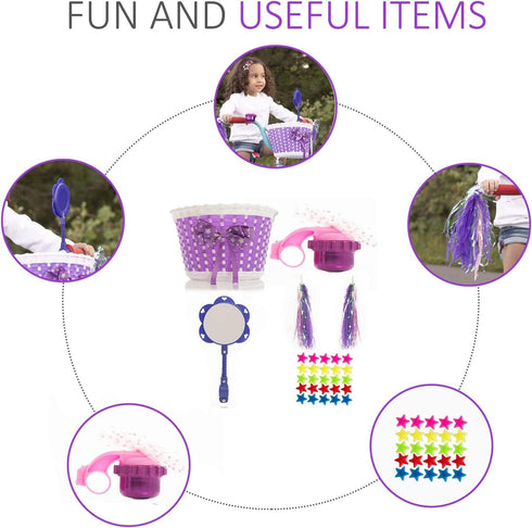 Girl’s Bicycle Decorations Set, Fun Decor with Beads, Rear View Mirror, Water Bottle, Handlebar Streamers & Basket