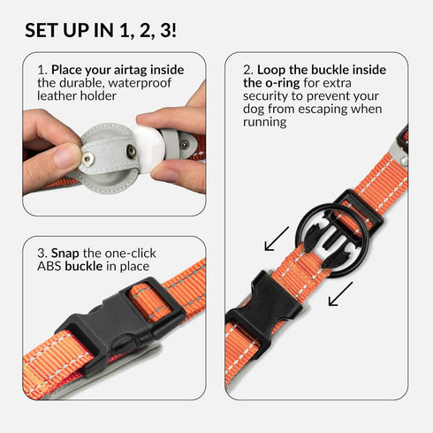 Airtag Dog Collar, CollarDirect Reflective Collar for Apple Air Tag, Large, Medium, Small Dogs, Orange