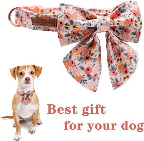 Unique Style Paws Dog Collar with Tie, Adjustable Pink Bowtie Collars for Small Medium Large Dogs and Cats-M