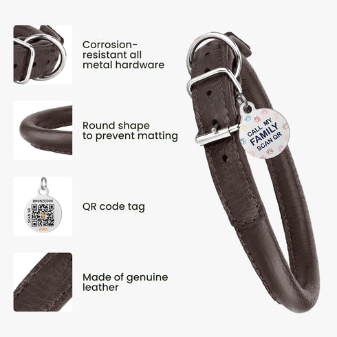 Soft Round Collars Rolled Leather Dog Collar, ID Tag for Small Medium Large Dogs (7-10 inch, Brown)