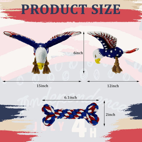 3 pcs Independence Day Pet Squeaky Toys, Dog Squeaky Toys 4th of July Puppy Dog Toy Independence Day Pet Plush Bald Eagle Toy with Crumpled Paper Squeaky Dog Interactive Toy for Small Medium Dogs.
