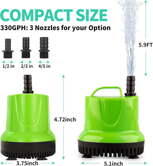 FREESEA 330 GPH Submersible Water Pump, 25W for Pond Aquarium Hydroponics, Fish Tank Fountain Waterfall