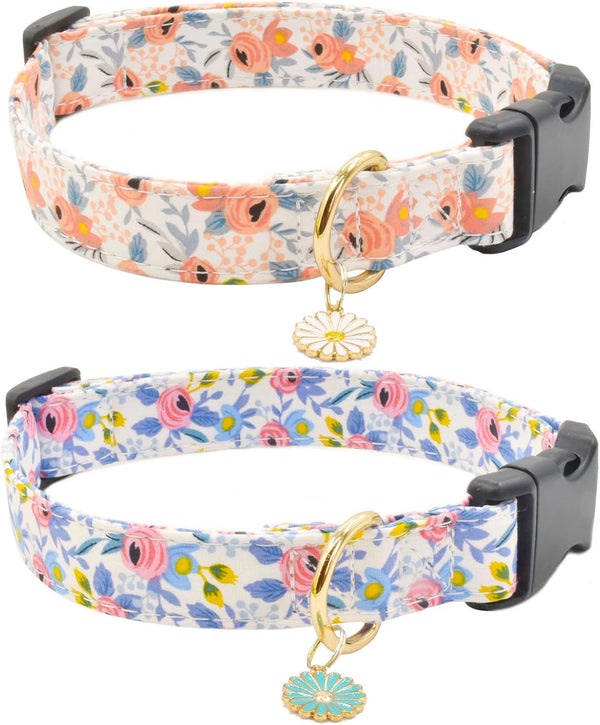 2 PCS Soft Cotton Dog Collar with Cute Flower, Adjustable for Girl Female Small Medium Large Dogs, M (13-18in), Flower-1