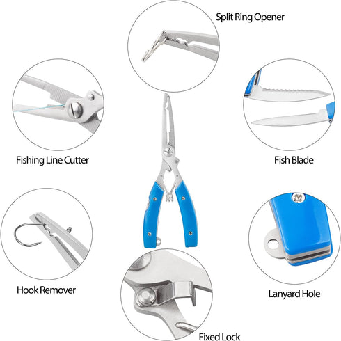 Fishing Pliers + Fish Hook Remover, Line Cutter, Curved Nose Fishing Tackle Tool Set (Blue)