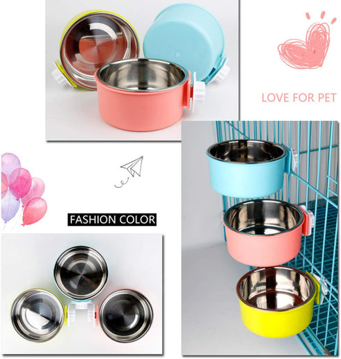 Large Crate Dog Bowl, Removable Stainless Steel Hanging Pet Bowl for Dogs, Cats, Puppies (Pink Orange)