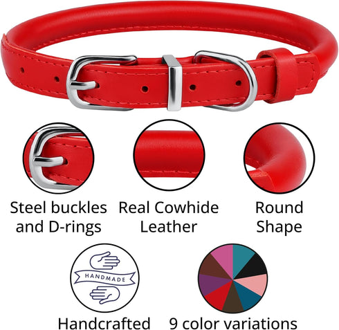 BRONZEDOG Rolled Leather Dog Collar for Small to Large Dogs with QR ID Tag, Scarlet Red (S: 12-14 Inch)