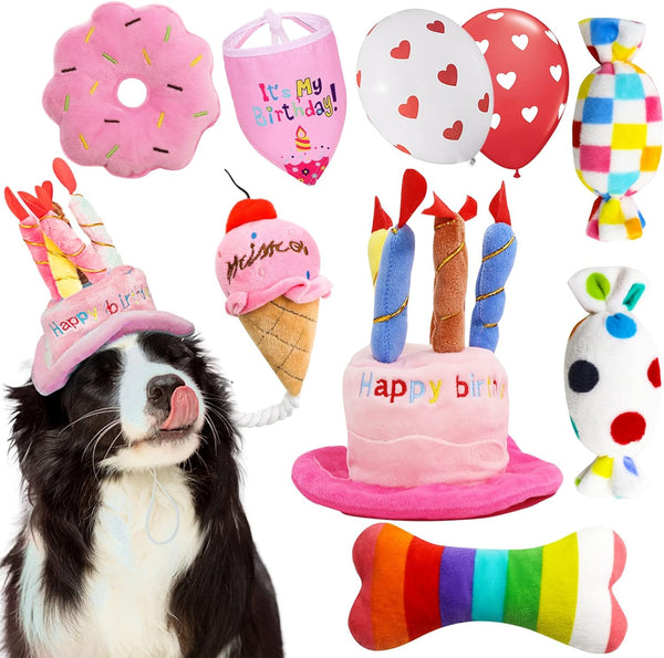 Dog Birthday Toys - Happy Birthday Gift for Dogs, Squeaky Plush Cake Hat Bandana for Small & Medium Dog Birthday Party