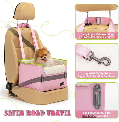 PETSFIT Small Dog Car Seat, Portable Booster Seat with Clip-On Leash, Adjustable Straps for Pets Up to 25lbs (Pink)