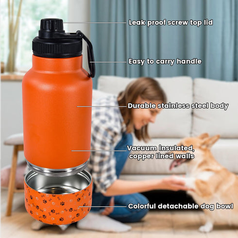 AGH Dog Water Bottle - 32oz Portable Bottle with Detachable Bowl, Stainless Steel for Travel, Orange