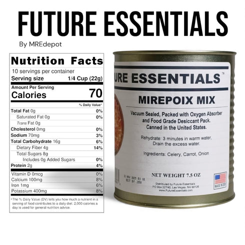 25+ 7.5 oz Future Essentials Dehydrated Mirepoix Mix Dehydrated Vegetables Soup Mix with Carrot, Celery, & Onion
